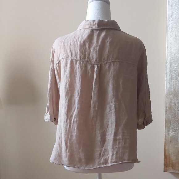 Zara Beige Cropped Linen Shirt Sz M - Picture 4 of 9